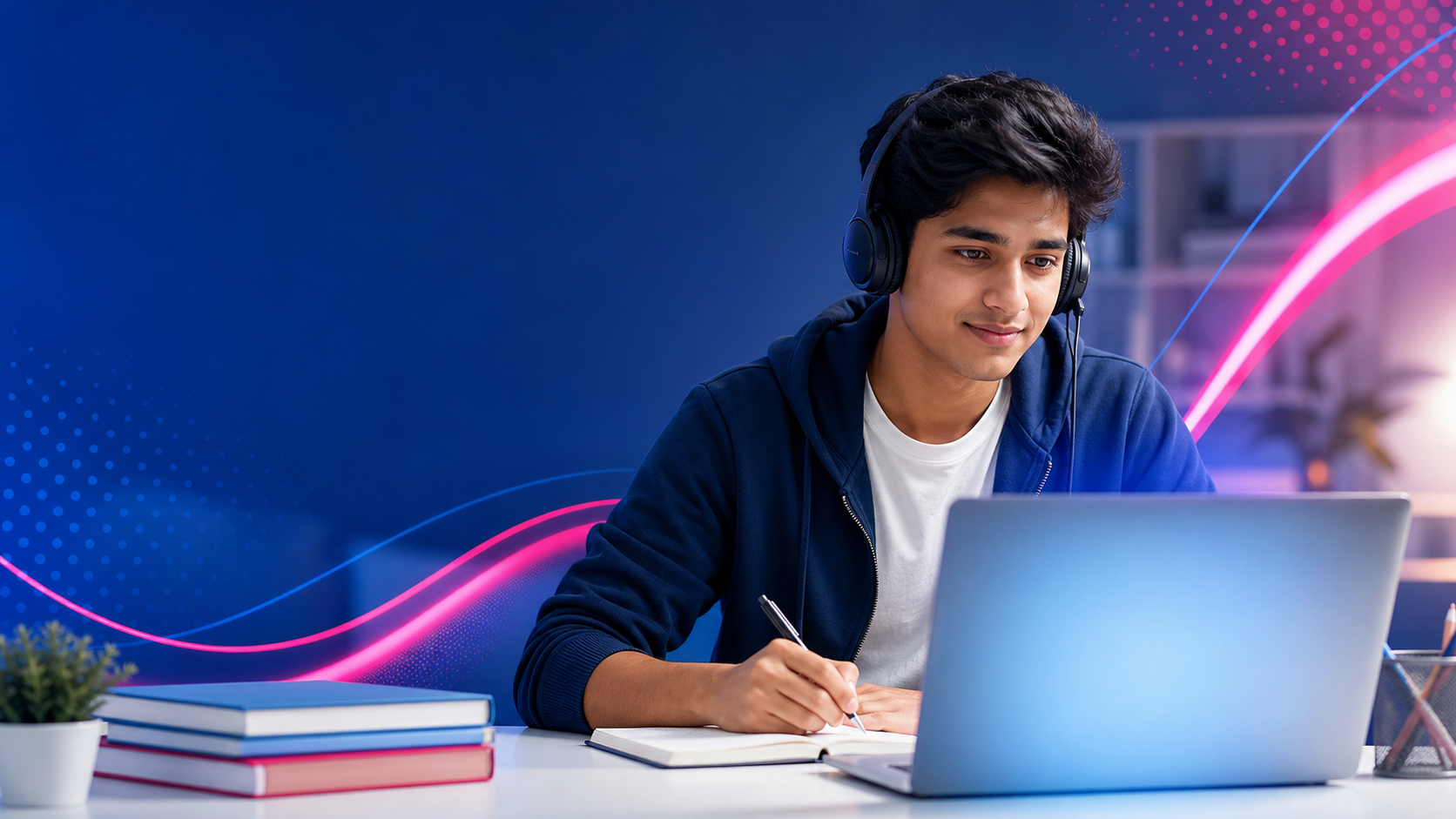 Student preparing for PTE Academic on a computer with a headset